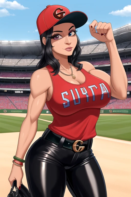 (masterpiece, 4k, high quality, colorful, super detailed eyes and face:1.2), 1girl, solo, 45-year-old Latina female who is a baseball fan. She is wearing a Red baseball cap, red tank top, Gucci branded golden belt, and tight black shiny leather pants
