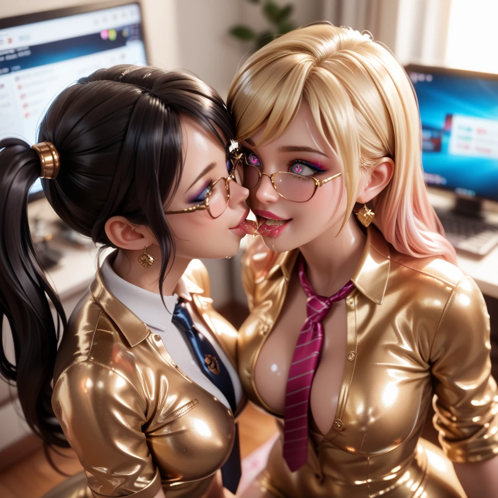 Mother and daughter in gold with black hair extremely tight shiny golden latex shirt blouse buttoned, saliva, salivafluss, salivaspur, Lens reflection, Reflected light,  high resolution ,  masterpiece, blue strong makeup ,smile, Spiral eyes,  are in the apartment on the computer,  very strong shiny skin, from above, Wide angle,  side ponytail,  blonde hair, shiny gold lipstick, pink cheeks, lipgloss, mini rock, kiss, Glasses, pink hair, Necktie 