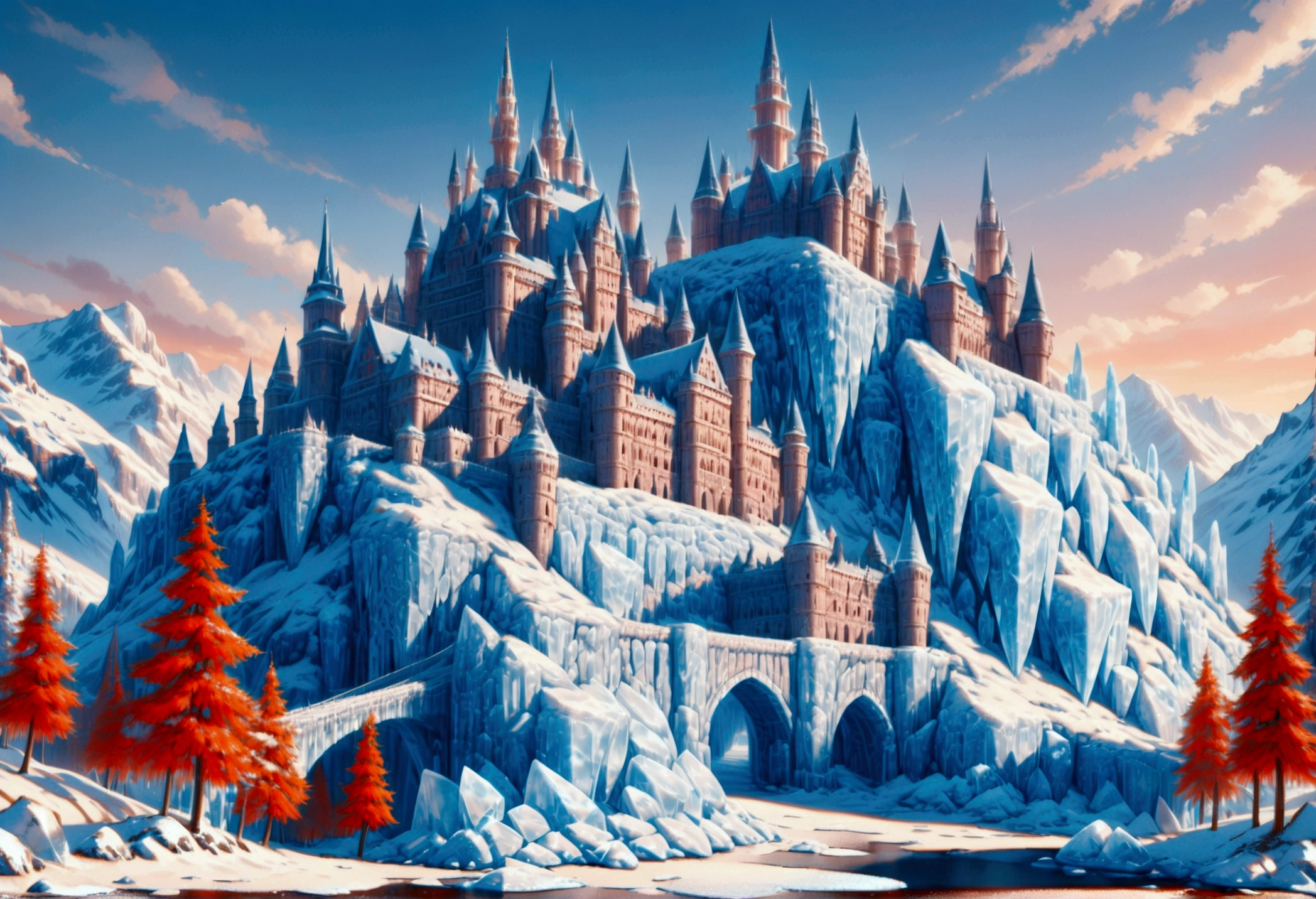 a panoramic award winning photography, Photorealistic, extremely detailed of a castle (made from ice: 1.3) standing on the peak of a snowy mountain, an impressive best detailed castle made from ice (Photorealistic, extremely detailed), with towers, bridges, a moat, standing on top of a snowy mountain (masterpiece, extremely detailed, best quality), with red trees, orange trees, sunset light, some clouds in the air,  alpine mountain range background, best realistic, best details, best quality, 16k, [ultra detailed], masterpiece, best quality, (extremely detailed), ultra wide shot, photorealism, depth of field, made of ais-icebaby, FlshfrGR
