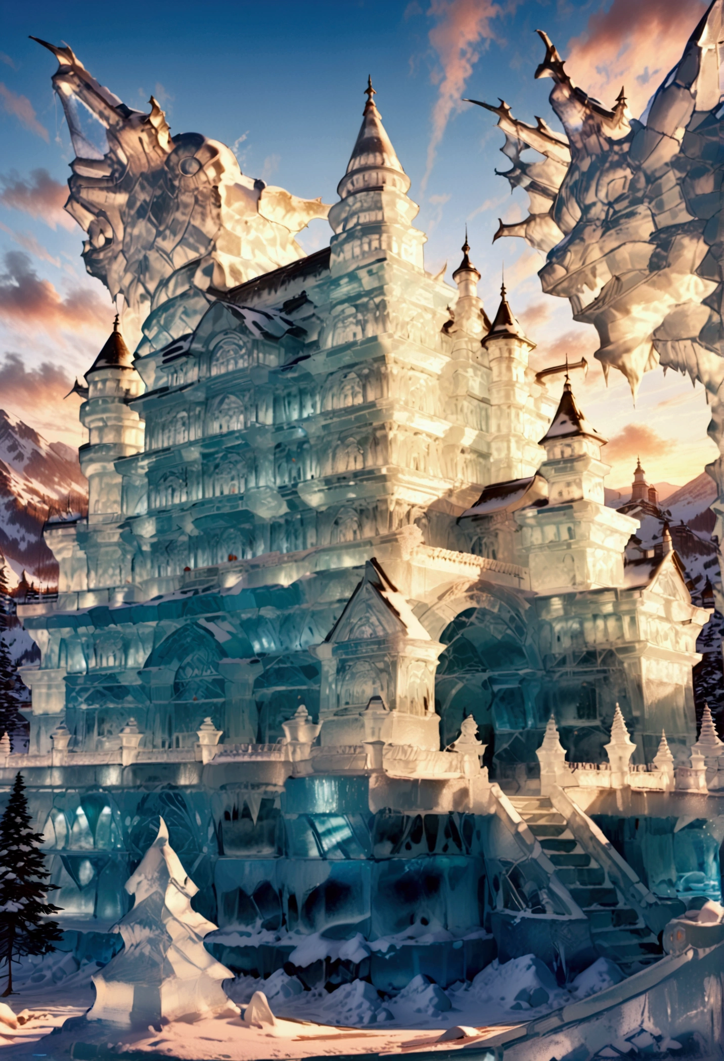 a panoramic award winning photography, Photorealistic, extremely detailed of a castle (made from ice: 1.3) standing on the peak of a snowy mountain, an impressive best detailed castle made from ice (Photorealistic, extremely detailed), with towers, bridges, a moat, standing on top of a snowy mountain (masterpiece, extremely detailed, best quality), with pine trees, sunset light, some clouds in the air,  alpine mountain range background, best realistic, best details, best quality, 16k, [ultra detailed], masterpiece, best quality, (extremely detailed), ultra wide shot, photorealism, depth of field, made of icecarvingcd_xl
