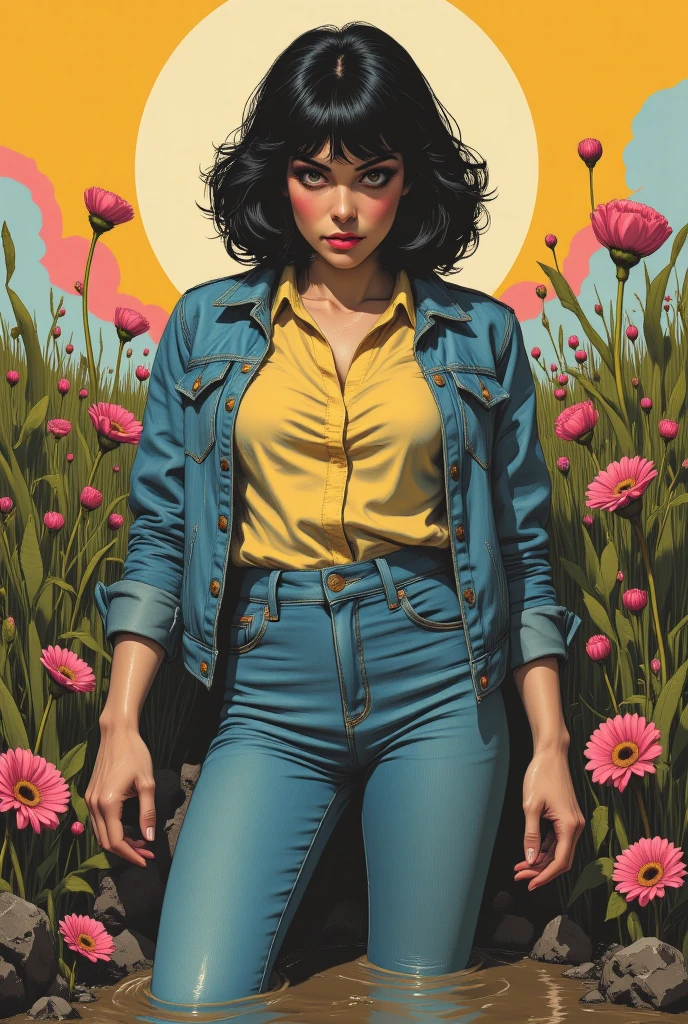 muted vivid colors, 70s abstract poster illustration, mid-aged woman in tight denim jeans and blouse and denim jacket,  indulging in a shameful fetishes with despair and ecstasy , drowning sinking in a sludge bog, floral patterns and symbols, demonstrate bum, close-up