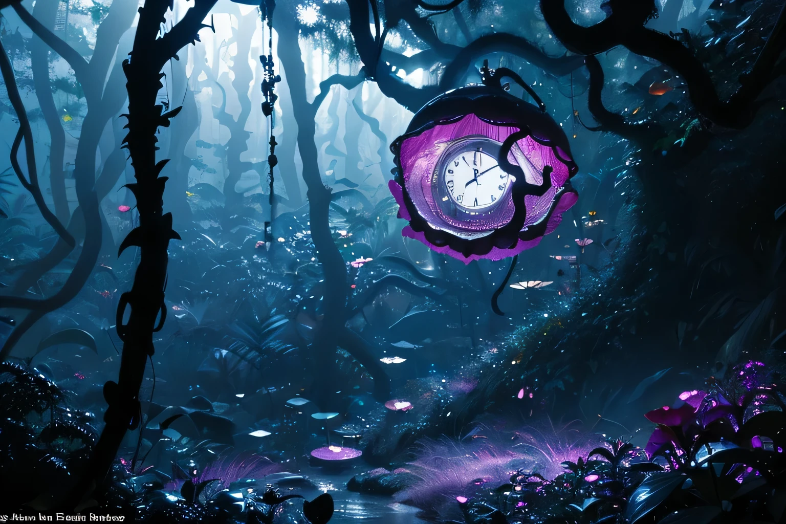 Imagine a large purple luminous mushroom in the middle of an ominous forest full of strange plants and clear water, in the background above the air there are some floating round clocks, floating playing cards, and a flying cat. Volumetric, cinematic lighting, very high quality.