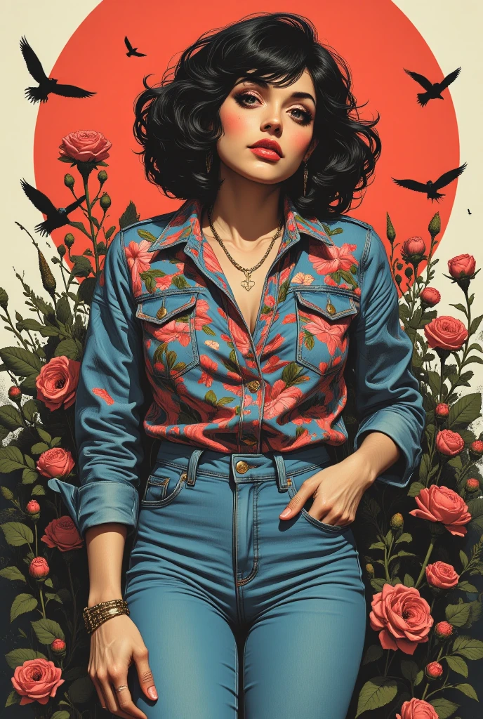 muted vivid colors, 70s abstract poster illustration, mid-aged woman in tight denim jeans and blouse and denim jacket,  indulging in a shameful fetishes with despair and ecstasy , drowning sinking in a sludge bog, floral patterns and symbols, flirt with her butt, close-up