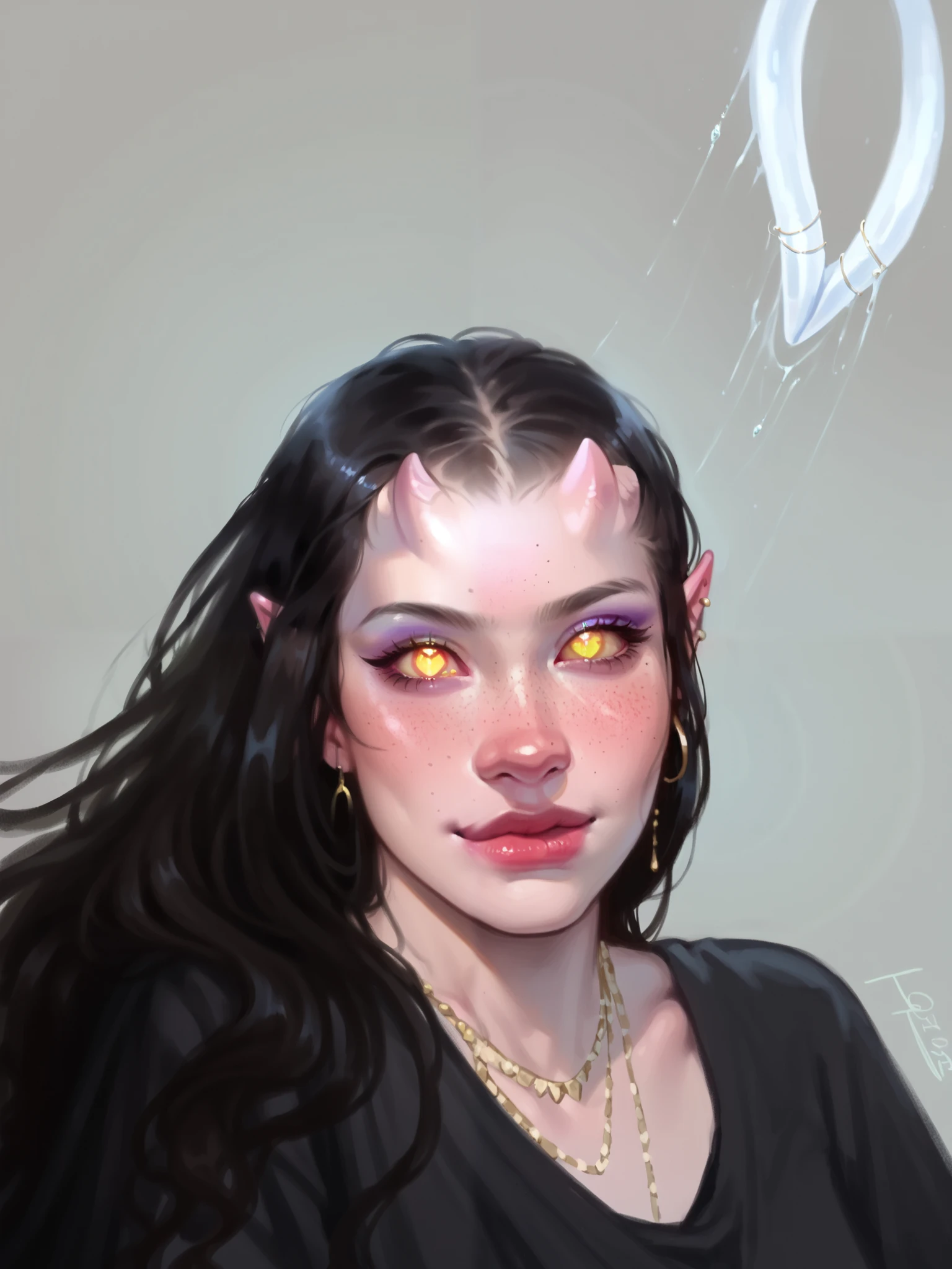 score_9, score_8_up, score_7_up, score_6_up, sw4p, 1girl, cute, Tiefling woman, shiny eyes, sexy, long elegant perfect Tiefling Horns, tiefling tail with jewelery, simple background, 8k, masterpiece:1.5, ultra finely detailed:1.5, perfect hands, freckles, half smile on her face, hear shapes around her head