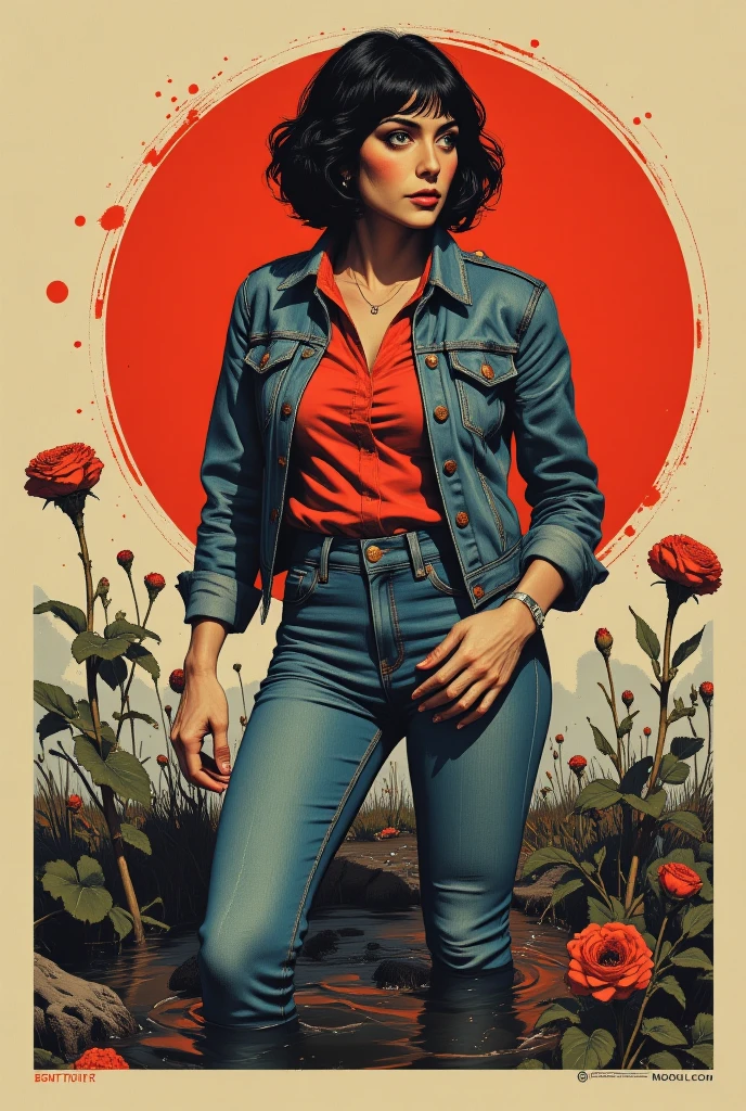 muted vivid colors, 70s abstract poster illustration, mid-aged woman in tight denim flared jeans and blouse and denim jacket,  indulging in a shameful fetishes with despair and ecstasy , drowning sinking in a sludge bog, floral patterns and symbols, looks back, close-up