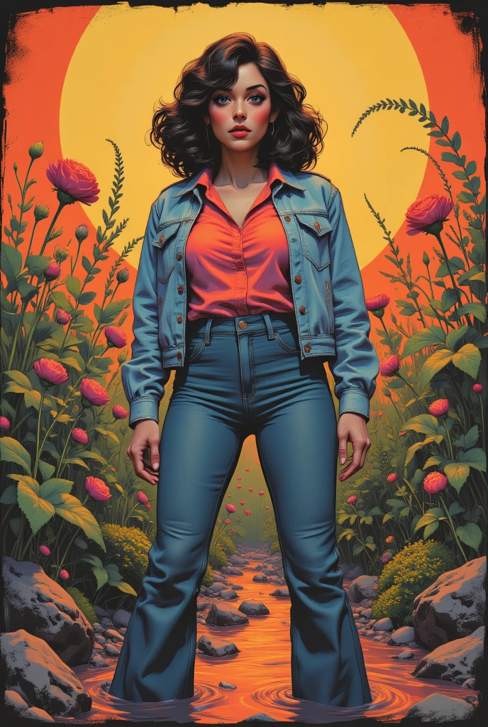 muted vivid colors, 70s abstract poster illustration, mid-aged woman in tight denim flared jeans and blouse and denim jacket,  indulging in a shameful fetishes with despair and ecstasy , drowning sinking in a sludge bog, floral patterns and symbols, looks round, close-up