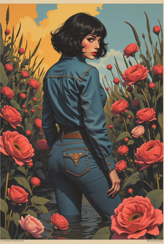 muted vivid colors, 70s abstract poster illustration, mid-aged woman in tight denim flared jeans and blouse and denim jacket, turns back, indulging in a shameful fetishes with despair and ecstasy , drowning sinking in a sludge bog, floral patterns, close-up