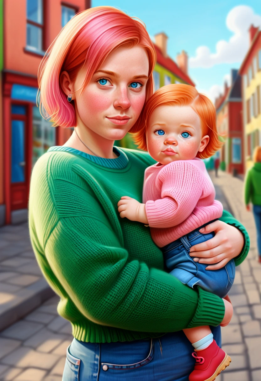 realistic proportions, Illustration, 1 woman, 30 years old, overweight:1.5, round face, blue eyes, short dirty blonde hair, left parting, single pink hair strand, nose piercing, green sweater, blue jeans 1 girl, two years old ginger hair, blue eyes, red dress, pacifier, woman holding Girl in arm, town