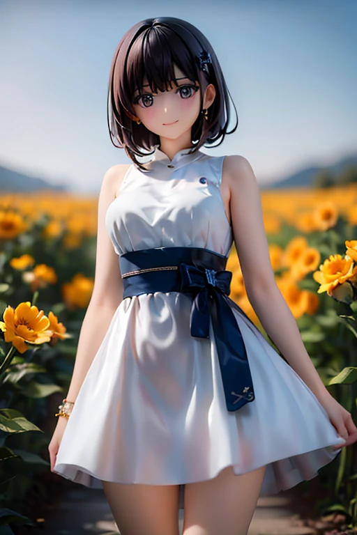  subject can be seen in the distance 、Shiraishi Mei,  looks just like Mai Shiraishi ,  kind smiles,  bob hair, Two people、  lots of dark brown hair, ((( 2 girls))), 18 years old,  photos,  realistic ,  top quality,  detailed face , Strong sunlight ,  diffused sunlight,  written border depth , Bokeh ( top quality: 1.5), (  Masterpiece  : 1.2),  watch viewer ,  dress,  White Theme ,  thin blue stripes ,very A broader perspective 、 There is a field of flowers in the background.、I&#39;Flower field m ,((( panorama:1.2))),(Bokeh),Long Hit, A broader perspective