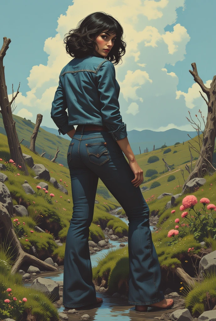 muted vivid colors, 70s abstract poster illustration, mid-aged woman in tight denim flared jeans and blouse and denim jacket, turns back, indulging in a shameful fetishes with despair and ecstasy , drowning sinking in a sludge bog, floral creepy patterns, close-up