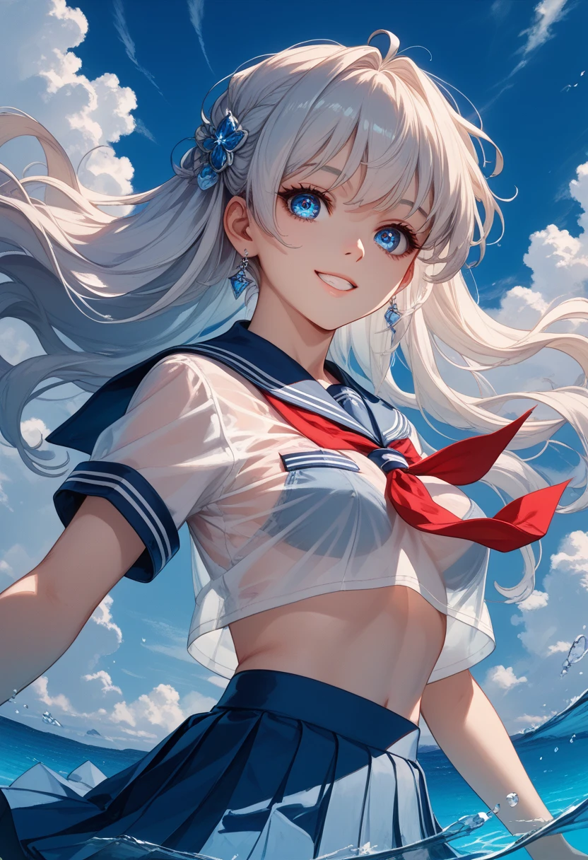 (see-through:1.3),white seraph,vestido de sailor, white theme,  school uniform, sailor,  looking at the spectator,  insanity,  long unkempt hair ,  beautiful detailed eyes , The hair shines , dramatic angle,colar de sailor azul,  perky breasts , light smile , partially underwater photo...