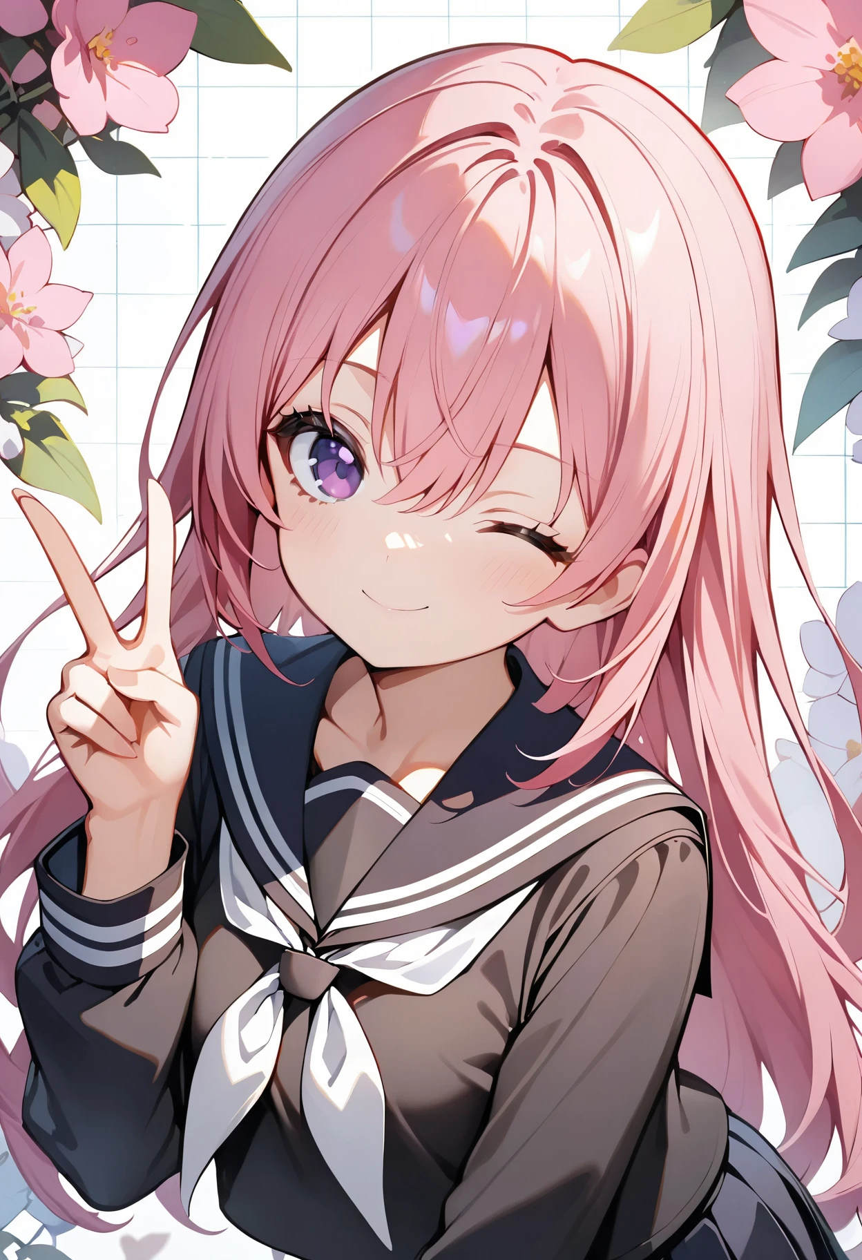 best quality, amazing quality, great quality, absurdres, 1girl, solo, pink hair, purple eyes, hair between eyes, long hair, black sailor collar, black skirt, school uniform, serafuku, white neckerchief, standing, v, cuerpo completo sexy, looking at viewer, floral background, one eye closed, smile, closed mouth, en un jardín de flores