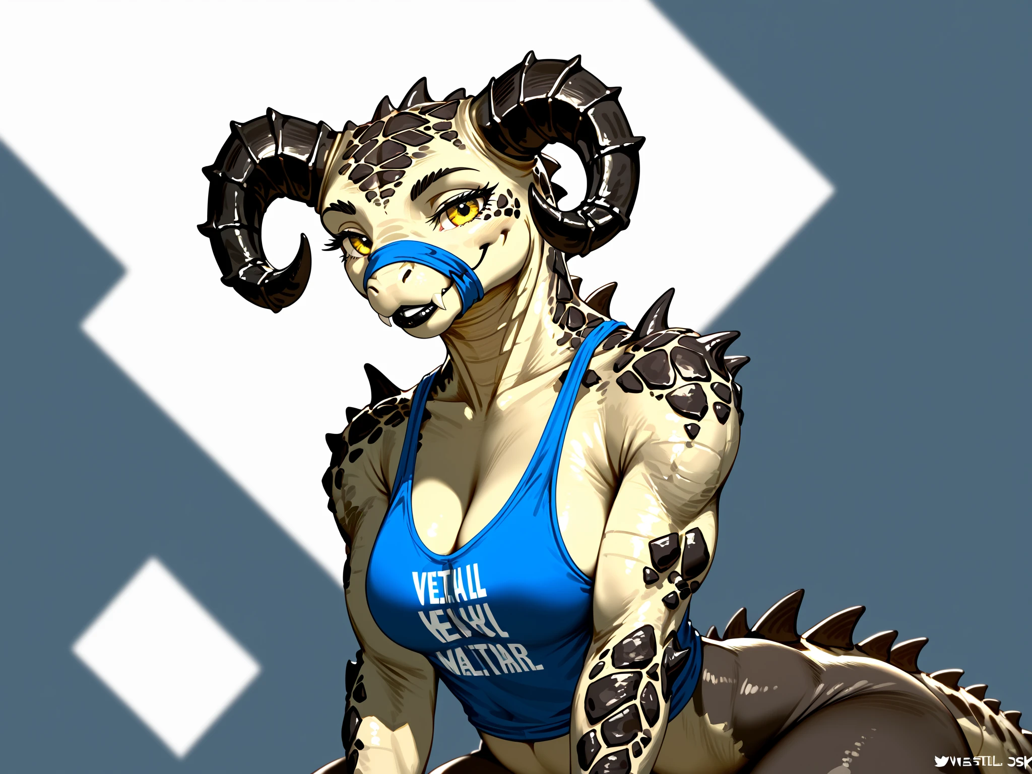 (((Masterpiece))), ((4k)), (best body), Solo, score_9,score_8_up,score_7_up, kemono style, Anthro deathclaw from fallout, Anthro reptile girl, snout, green scaled skin, gold eyes, black lips, black horns, black ram horns, athletic body, smiling, wearing  laced tank top and a small blue vail over bridge of nose, (detailed background), (full body) digitigrade legs, 