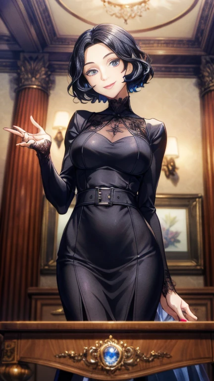 (a masterpiece portrait of a woman with ultra detailed features, in 8K resolution, with crisp quality and vibrant colors),  Sharp Focus、((from below, lower body, looking down))、40-year-old housewife、 Wavy short hair 、 black hair、 is placed in the center of the screen、(Front View)、 Wear an Elegant Dress Suit 、Thin Belted Dress Suit 、Beautifully Depicted Eyes 、Smiling this way 、 Stand in a Luxury Hotel Room、 anatomically correct hands、 symmetrical eyes、