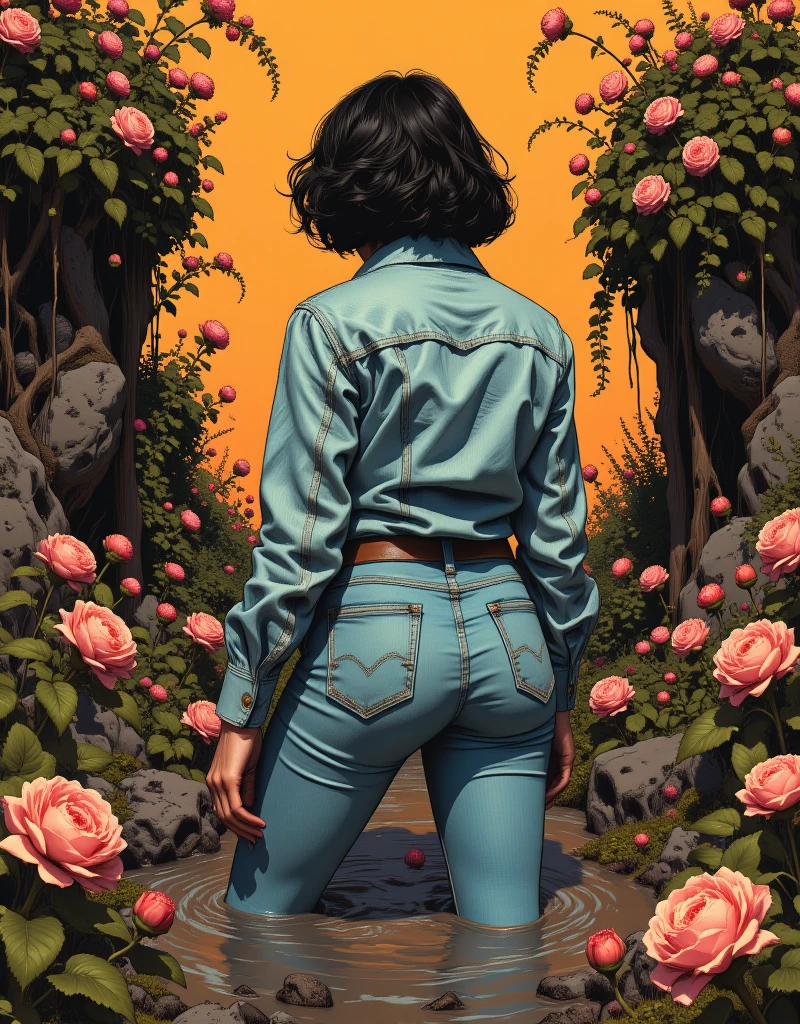 muted vivid colors, 70s abstract poster illustration, mid-aged woman in tight denim levis jeans and blouse and denim jacket, turns back, indulging in a shameful fetishes with despair and ecstasy , drowning sinking in a sludge bog, floral patterns, close-up