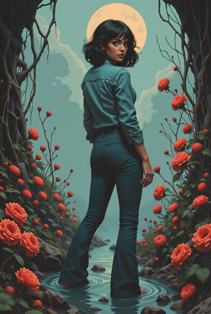 muted vivid colors, 70s abstract poster illustration, mid-aged woman in tight denim flared jeans and blouse and denim jacket, turns back, indulging in a shameful fetishes with despair and ecstasy , drowning sinking in a sludge bog, floral creepy patterns, close-up