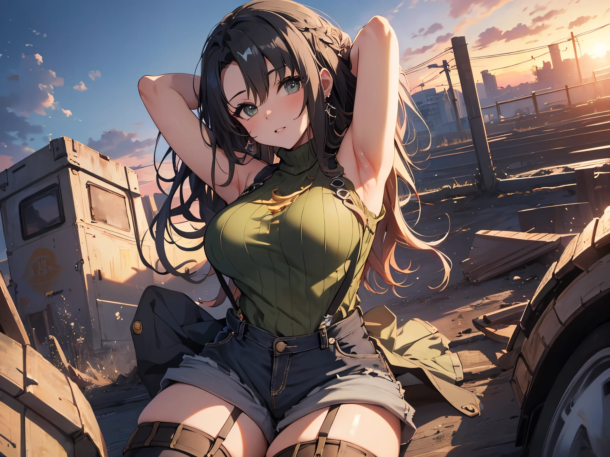 Solo, 1 Female, (Human Ear, Earrings, 3D Breasts), (Black Hair, Long Hair Down), (Lying with Arms Behind Head), (Anime Face, Ahegao), (Hair Accessories), (Suspenders, Bust Supporter, Long Cable Knit Sweater, Denim Shorts, Garter Belt, Stockings), (Sunset Sky, Sunset, Evening Sky), (Focus on Breasts, Dynamic Angle), (High Resolution, Masterpiece, Accurate, Anatomically Correct, Multiple Award Winning Condition, Top Quality, Detailed, High Quality Model, High Quality, Retina, Highly Detailed Condition), Textured Skin, Ultra High Resolution).