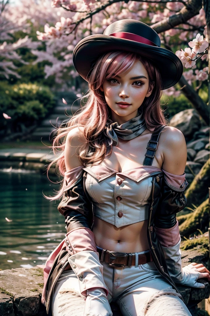 pink and brown hair, multicolored hair, neopolitanatlas, bowler hat, grey scarf, white gloves, white shirt, off-shoulder shirt, black sleeves, midriff, white belt, white pants, smile, night, stars, lantern, sitting in front of cherry blossom tree, near stream, cowboy shot, masterpiece, heart shaped face, elegant face, beautiful face, highly detailed face, highly detailed skin, skin pores, subsurface scattering, realistic pupils, looking at viewer, full lips, detailed background, depth of field, atmospheric perspective, volumetric lighting, sharp focus, absurdres, realistic proportions, good anatomy, (realistic, hyperrealistic:1.4), 16k hdr,