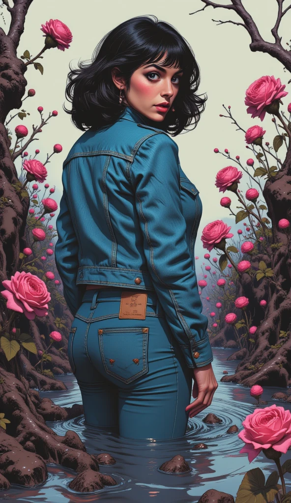 muted vivid colors, 70s abstract poster illustration, mid-aged woman in tight denim flared jeans and blouse and denim jacket, turns back, indulging in a shameful fetishes with despair and ecstasy , drowning sinking in a sludge bog, floral creepy patterns, close-up