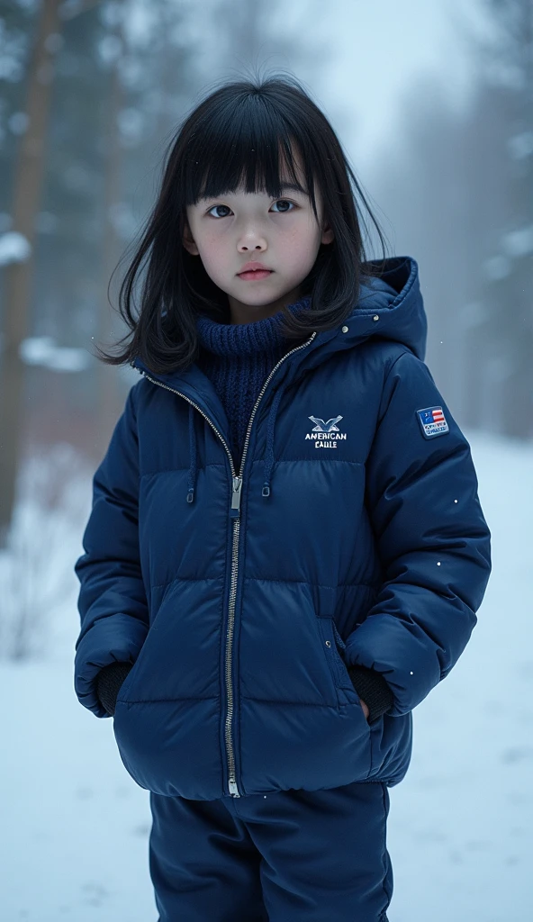 highest quality、masterpiece、8K、best image quality、hyper realism、Award-winning work)、(solo:1.1)、(1 photo:1.1)、Hd, (8k),(masterpiece),(russian), blonde hair, (8-year-old girl),((smile))smile,cute,Innocent,Kind eyes, wearing winter jacket, (winter jacket:1.2), thick jacket, snow jacket, wearing winter headcap, Carrying a red backpack), (backpack:1.2),Straight hair ,Black Hair,Somewhat strong wind, standing, outdoor, winter, (snow:1.3)