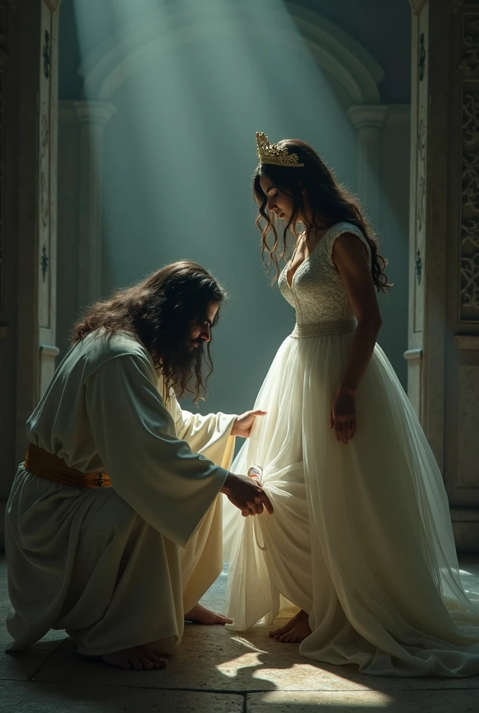 An elf man in a black robe with gold patterns hugs and kisses a brunette girl in a white dress with pink flowers.