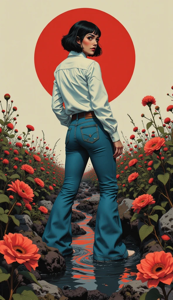 muted vivid colors, 70s abstract poster illustration, mid-aged woman in tight denim flared jeans and blouse and denim jacket, turns back, indulging in a shameful fetishes with despair and ecstasy , drowning sinking in a sludge bog, floral victim sacrifice patterns, close-up