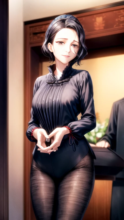 (a masterpiece portrait of a woman with ultra detailed features, in 8K resolution, with crisp quality and vibrant colors),  Sharp Focus、((from below, lower body, looking down))、40-year-old housewife、 Wavy short hair 、 black hair、 is placed in the center of the screen、(Front View)、(((Mourning clothes:1.4)))、Beautifully Depicted Eyes 、Smiling this way 、 Stand in a Luxury Hotel Room、 anatomically correct hands、