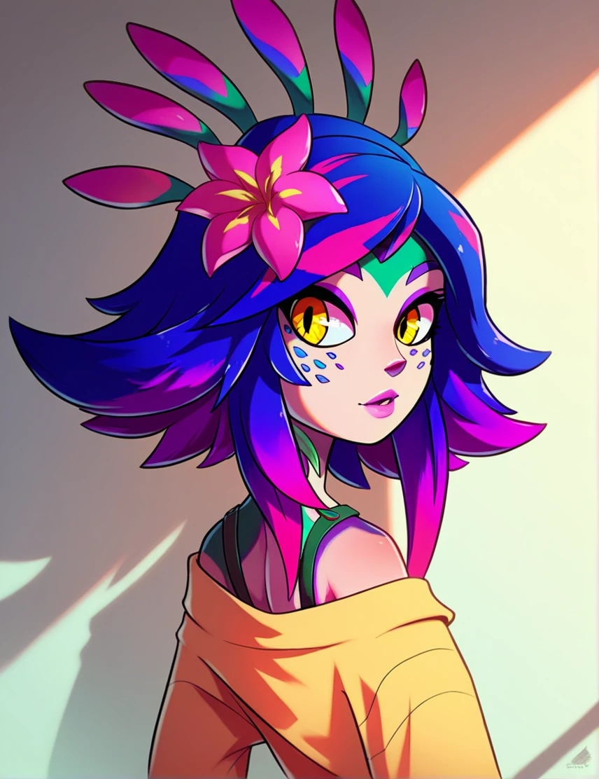 Neeko,  a girl, Standing alone,  flat shade , flat color, drg,  blond hair , Yellow off-the-shoulder blouse,  long sleeves, portraits,   Looking at the spectator ,