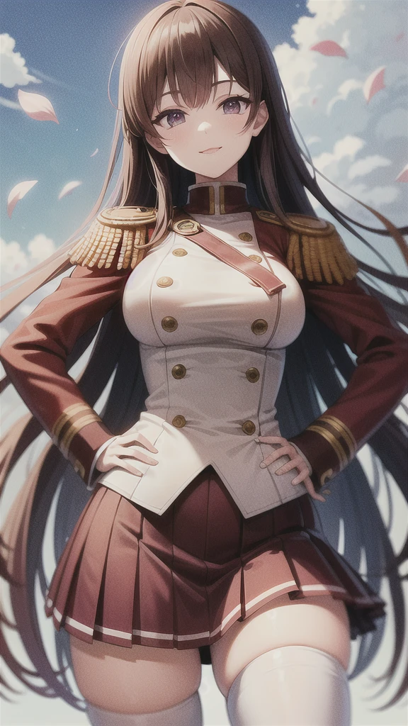 masterpiece, best quality, nmascot, epaulettes, uniform, pleated skirt, white thighhighs, medium breasts, looking at viewer, upper body, petals, cherry blossoms, light smile, sky, clouds, hands on hips, beautiful hands   