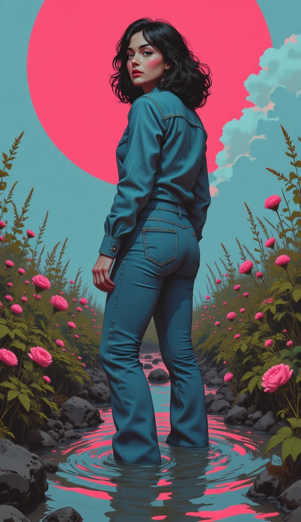 muted vivid colors, 70s abstract poster illustration, mid-aged woman caught in tight denim flared jeans and blouse and denim jacket, turns back, indulging in a shameful fetishes with despair and ecstasy , drowning sinking in a sludge bog, floral night patterns, close-up