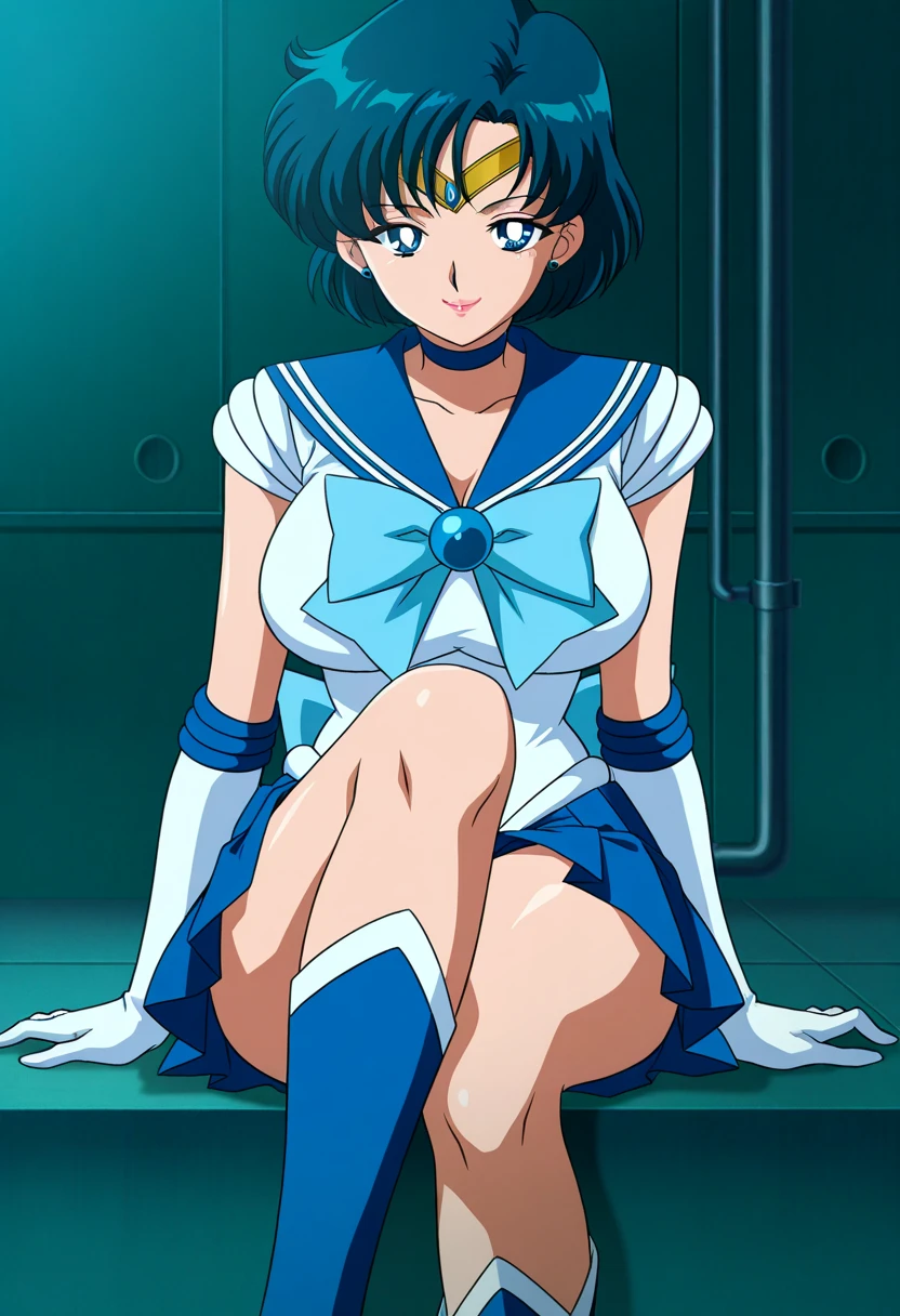   masterpiece ,   very aesthetic , ( anime coloring ,   anime screenshot ), official art,   similar to Kemono, 
1 , Alone, Alone focus, 
Sailor Mercury, blue hair,  short hair,  Big breasts , 
sfw, shiny hair, nighttime
seductive smile 
, 
 lips parted, sitting,thighs
, 
,