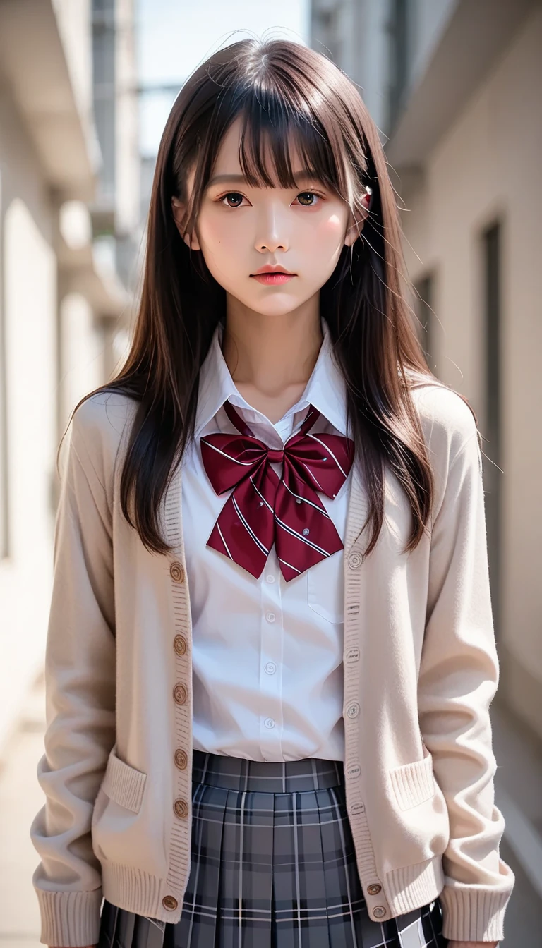 1 innocent and cute girl,beautiful vintage color,18 years old,独奏,depth of fields,softlighting,low angles、In the classroom,school uniform Wearing,a small face、With fair skin,thin very long legs,white high sock crown loafers、Show me your white underwear、looking at viewert,Face in Focus,Long grey hair,long eyelasher,二重まぶた、Braids、Twin-tailed、
