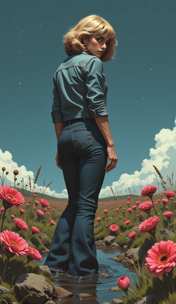 muted vivid colors, 70s abstract poster illustration, mid-aged woman caught in tight denim flared jeans and blouse and denim jacket, turns back, indulging in a shameful fetishes with despair and ecstasy , drowning sinking in a sludge bog, floral patterns, close-up, night sky