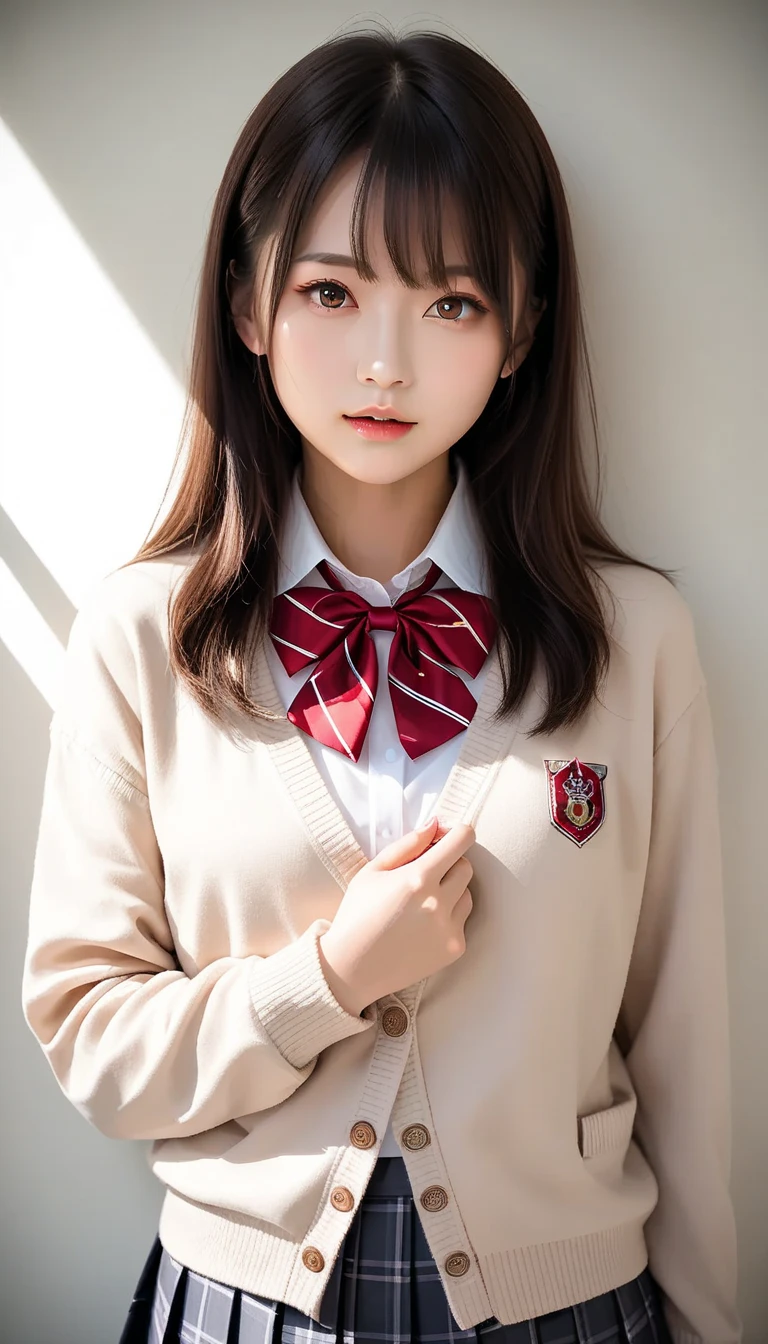  score_9, score_8_up, score_7_up, source_photograph,  realistic ,photograph,( sharp concentration),(backlit photograph:1.4),Dramatic Shadows,Raw lighting, dynamic angle, break Japanese girl,  dark eyes,( small eyes :1.1),  slender round face , ( school uniform), ( outer is a light beige cardigan :1.2), (Wrist Sleeves :1), (  inner is a white collar shirt :1.2), ( red string neck bow :1.1), break ( bottoms are black and gray plaid skirt:1.2),( pleated skirt,  Mini Skirt:1.2), Outdoor,upper_body , Female Teacher、actress、Idol、White beautiful skin、