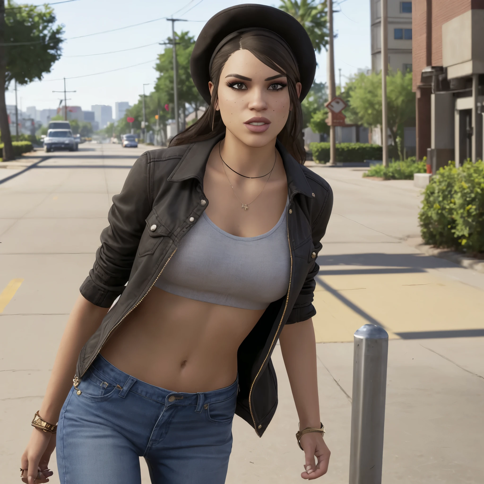 LUCIA From GTA 6:
Clothing:
Casual Urban Style: Lucia might wear clothing that reflects a modern, urban aesthetic, such as fitted jeans or cargo pants paired with stylish tops.
Layered Looks: She could be seen in layered outfits, possibly including jackets or hoodies that add to her street-smart appearance.
Footwear: Sneakers or combat boots could be part of her wardrobe, emphasizing a practical yet fashionable look.
Accessories: Items like caps, sunglasses, or distinctive jewelry might be used to enhance her character and style.
Facial Features:
Hair: Likely to have a unique hairstyle, possibly long and wavy or styled in a trendy cut that stands out.
Makeup: Her makeup could be minimal or bold, depending on her character's personality, with an emphasis on expressive features.
Expressions: Expect a range of facial expressions that convey confidence, determination, or attitude, reflecting her role in the game's narrative.

Speculated Characteristics of Lucia in GTA 6:
Appearance:
Hair: Likely to have a distinct hairstyle, possibly long or styled in a unique way.
Clothing: She may wear modern, urban outfits that reflect contemporary fashion trends, possibly with a mix of casual and edgy styles.
Accessories: Could include items like jewelry, hats, or bags that add to her character design.
Personality Traits:
Background: Might have a rich backstory that influences her personality, possibly involving elements of crime or a tumultuous past.
Attitude: Expected to exhibit traits such as confidence, resilience, and perhaps a rebellious streak.
Role in the Game:
May serve as a playable character or a key NPC, involved in the storyline that explores themes of crime, loyalty, and survival.
Setting:
The environment around her could reflect the diverse landscapes and urban settings typical of the GTA series, including vibrant cityscapes or gritty neighborhoods.