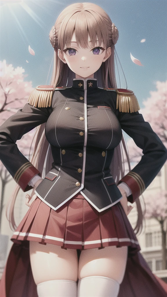 masterpiece, best quality, nmascot, epaulettes, uniform, pleated skirt, white thighhighs, medium breasts, looking at viewer, upper body, petals, cherry blossoms, light smile, sky, clouds, hands on hips, beautiful hands