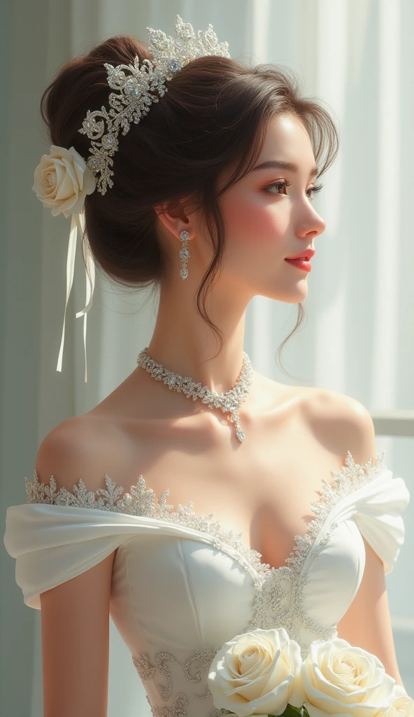 ((best quality)), ((masterpiece)), (detailed), perfect face, Woman sitting at table wearing white dress, ( ( Konstantin Razumov ) ),