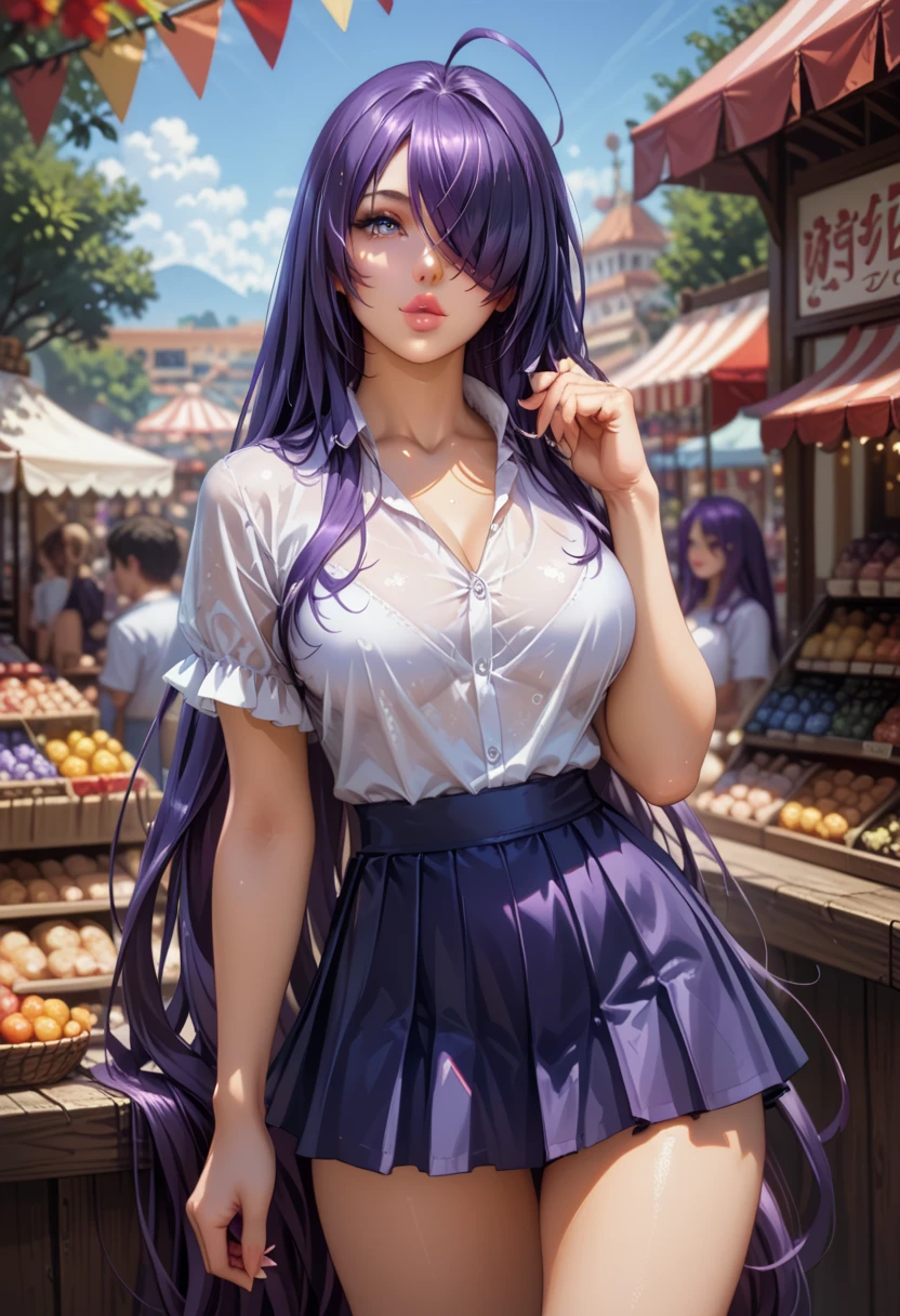 score_9, score_8_up, score_7_up, 1girl, solo, beautiful waifu, (Unchou Kanu, kanu, purple hair, hair over one eye, very long hair,:1.2), filled lips, thick lips, detailed eyes, detailed face, flirt, looking at viewer, (short skirt, tight blouse:1.1, in busy market, low light, early evening, shallow depth of field.