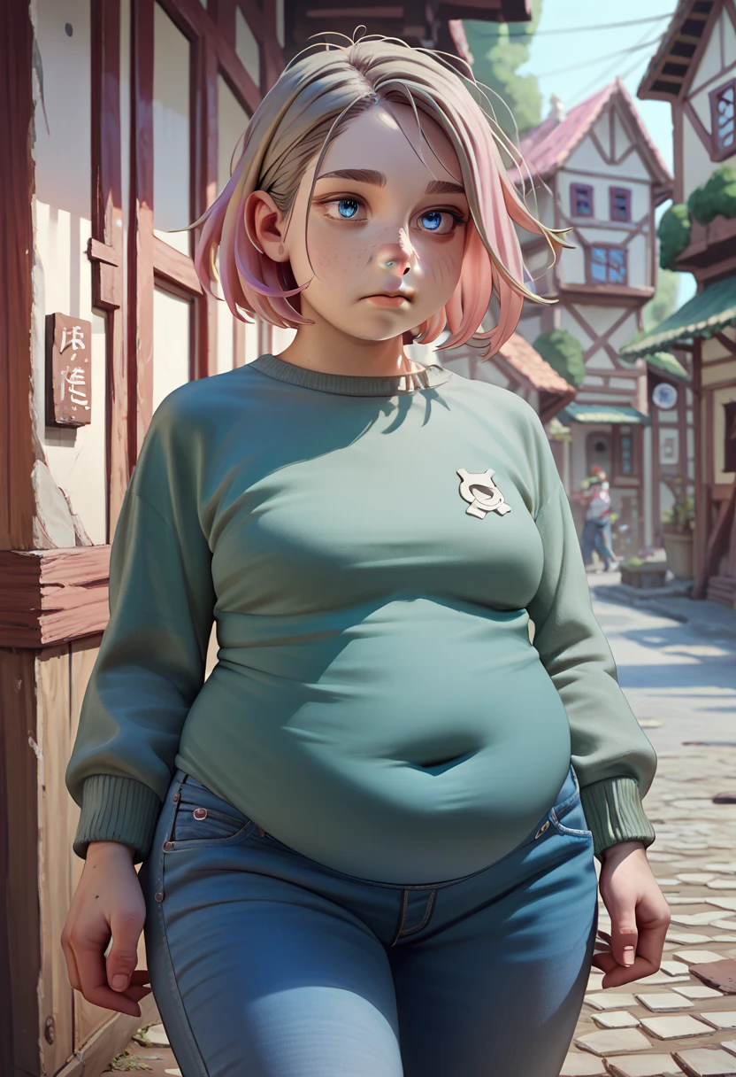 realistic proportions, Illustration, 1 woman, 30 years old, overweight:1.5, round face, blue eyes, short dirty blonde hair, left parting, single pink hair strand, nose piercing, green sweater, blue jeans 1 girl, town