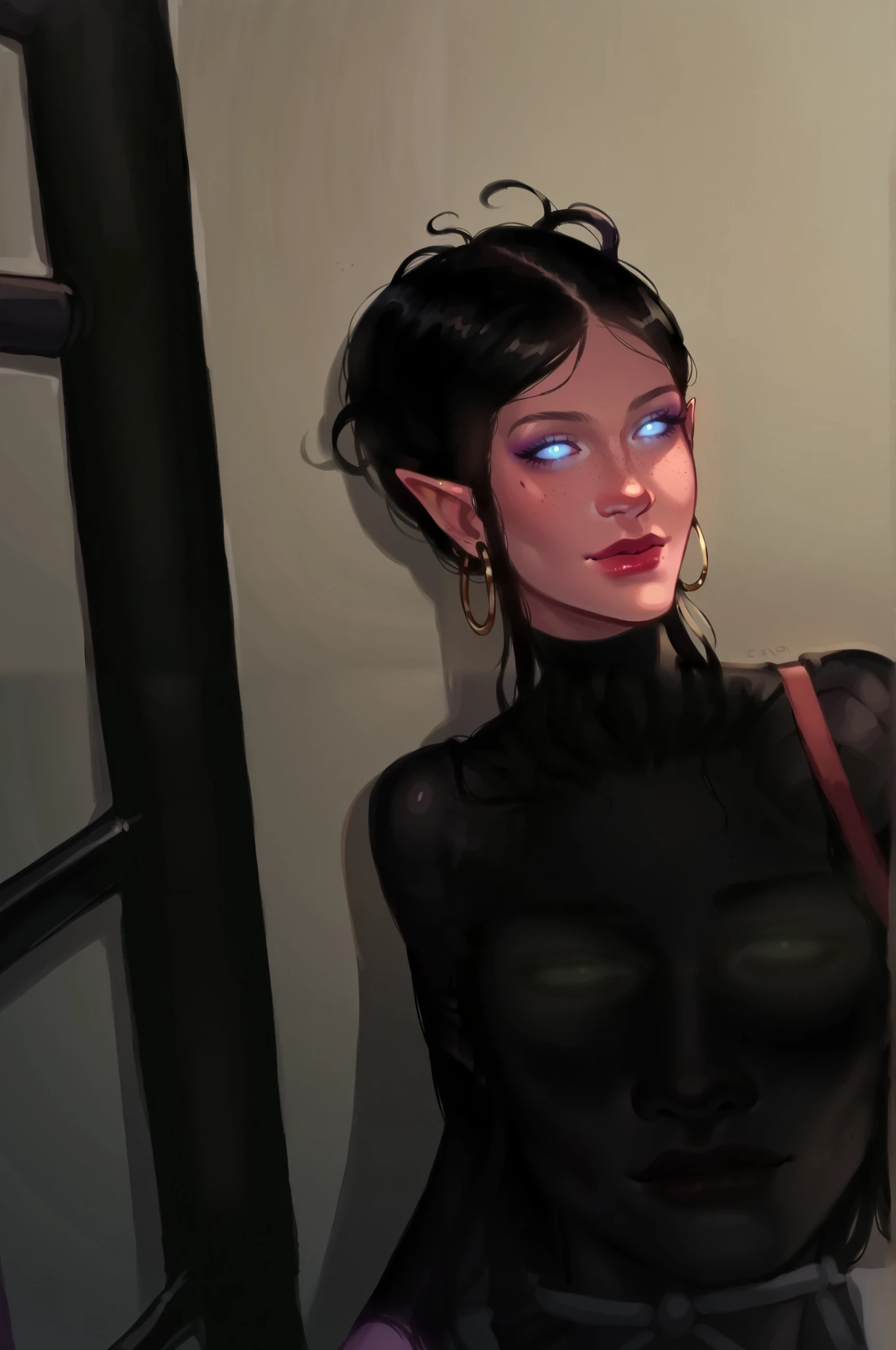 score_9, score_8_above, score_7_above, score_6_above, sw4p, 1 , ,  tiefling woman ,  glowing eyes , Sensual,  long tiefling horns elegant and perfect, rabo de tiefling com joias,  simple background , 8k,   masterpiece :1.5,  ultra detailed:1.5,  perfect hands, freckles, Half a smile on your face ,  hear shapes around your head 