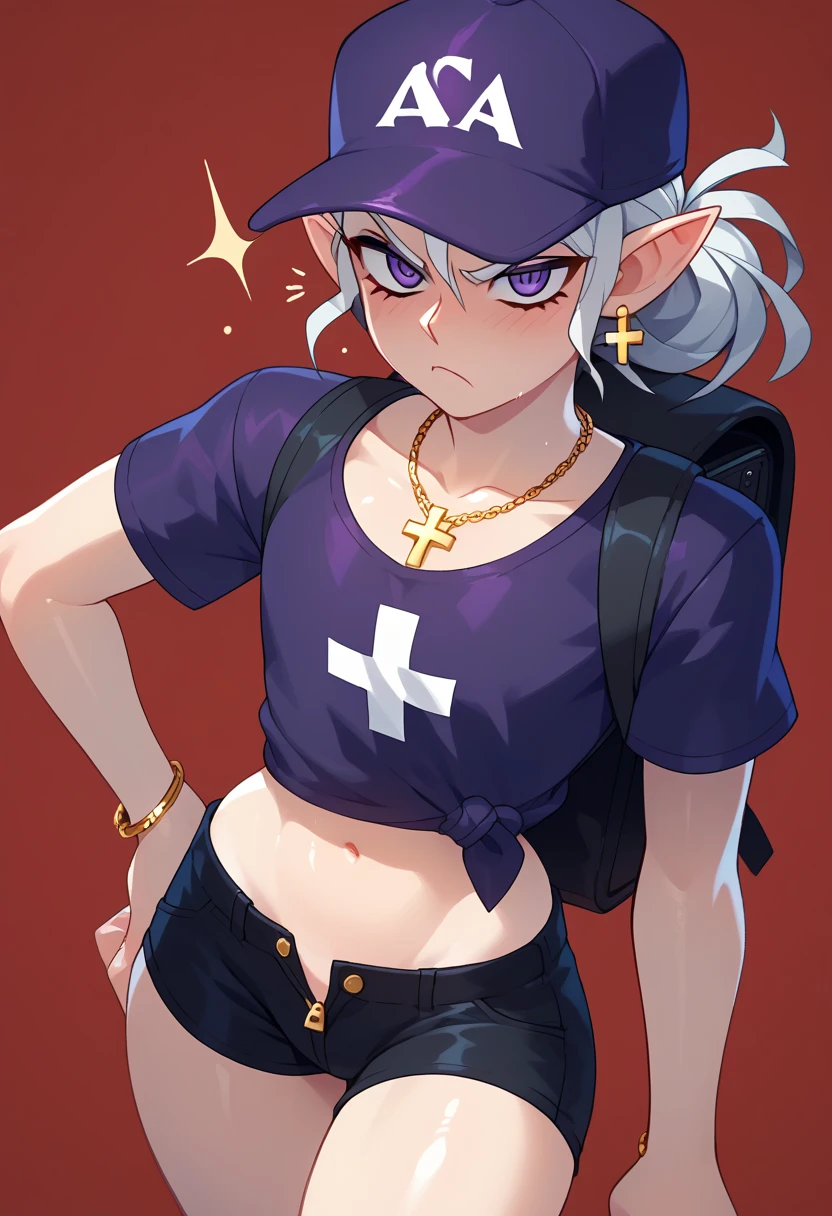  the embodiment of war as a femboy knight, helltaker , elf , elf ears, purple t-shirt, purple eyes, tied hair, red background, room background, detailed background, background with details, reflections, shadows and lights, black shorts, alone, red and gray background, femboy, annoyed, displeased, purple cap, work clothes, pin on chest, steam, Gold cross earrings, bracelets, circular silver necklace, carrying delivery backpack black, shiny skin, shiny skin, shorts with open zipper, 1 boy, alone, femboy, open legs, with her back turned showing , ass