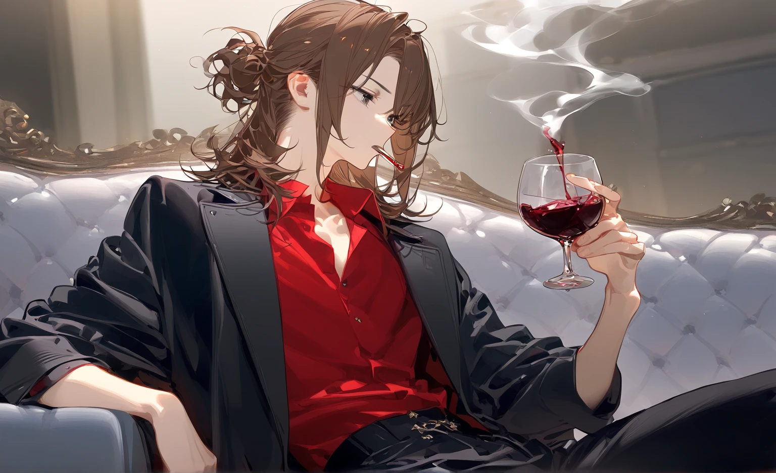 1boy,  brown hair,  medium length hair,  Sloppy hairstyle ,  Shoulder-length hair,  Black eyes ,  red shirt, black jacket, black trousers, black shoulder coat. Sits on the couch. Smokes. Holds red wine. 