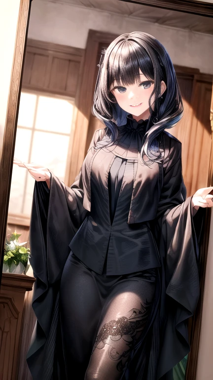 (a masterpiece portrait of a woman with ultra detailed features, in 8K resolution, with crisp quality and vibrant colors),  Sharp Focus、((from below, lower body, looking down))、40 year old widow 、Funeral、 Wavy short hair 、 black hair、 is placed in the center of the screen、(Front View)、 black formal suit、(((Mourning clothes:1.4)))、( long tight skirt)、Beautifully Depicted Eyes 、Smiling this way 、 standing at the entrance of her home 、 anatomically correct hands、