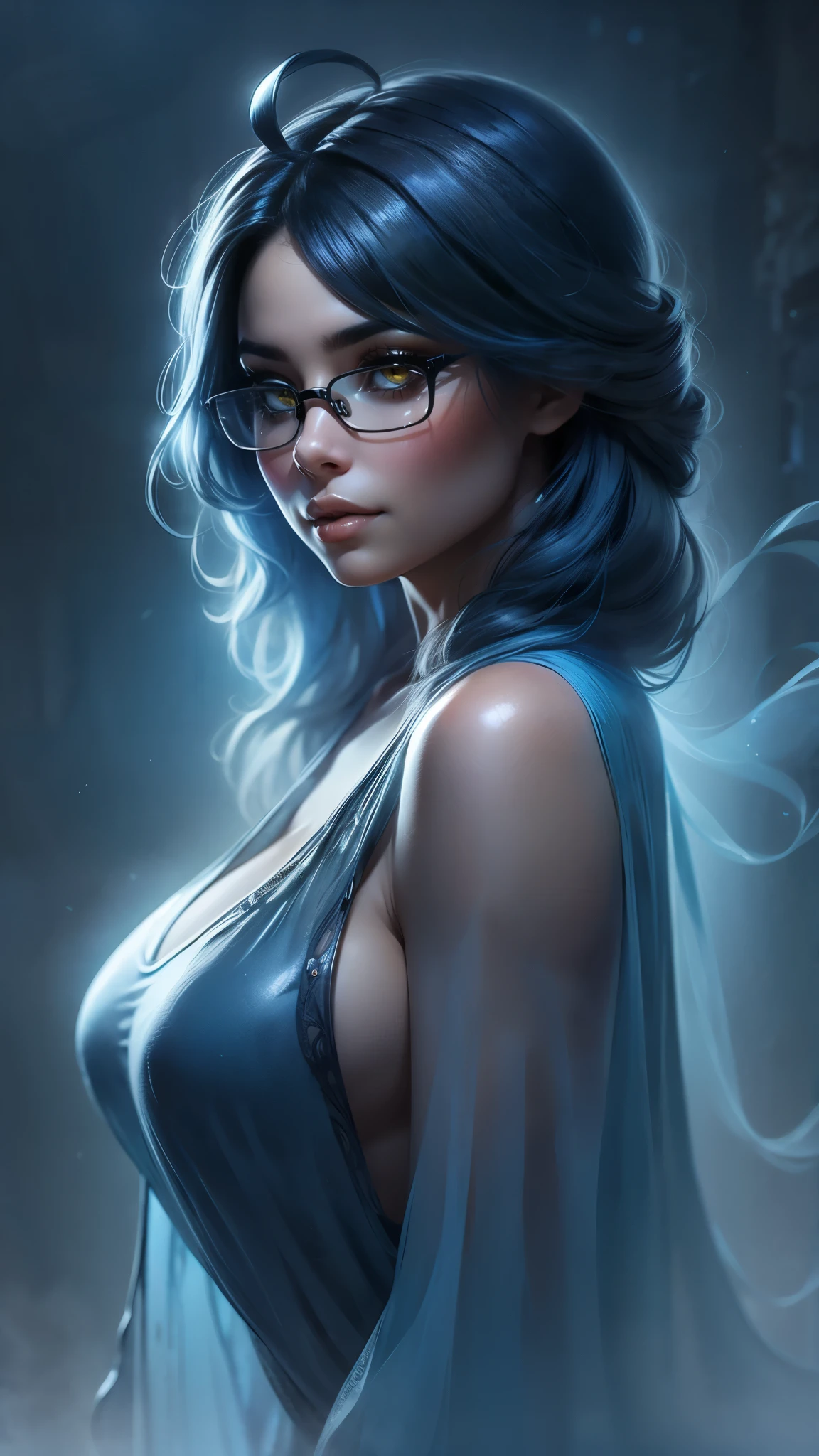 high quality, masterpiece, ultra detailed, a ghostly, haunting, aesthetic nightmare, 1 woman, detailed face, melancholic expression, dark smoky atmosphere, moody lighting, intricate details, cinematic composition, dark fantasy, surreal, digital art, rounded face, very short disheveled dark blue hair, big yellow eyes, shy smile, perfect flat breast, look at you, (huge ahoge:1.2), megane