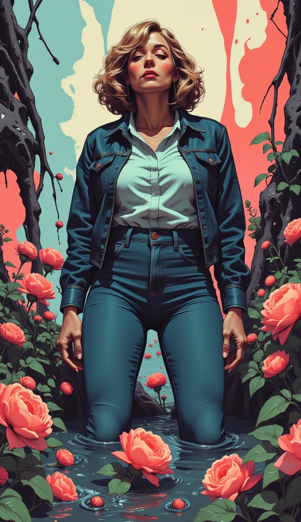 muted vivid colors, 70s abstract poster illustration, mid-aged caught woman in tight denim high-waist jeans and blouse and dark washed denim jacket, turns back, indulging in a shameful fetishes with despair and ecstasy , drowning sinking in a sludge bog, floral patterns, close-up