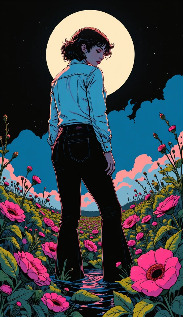 muted vivid colors, 70s abstract poster illustration, mid-aged ritual woman caught in tight denim flared jeans and blouse and denim jacket, turns back, indulging in a shameful fetishes with despair and ecstasy , drowning sinking in a sludge bog, floral patterns, close-up, night sky