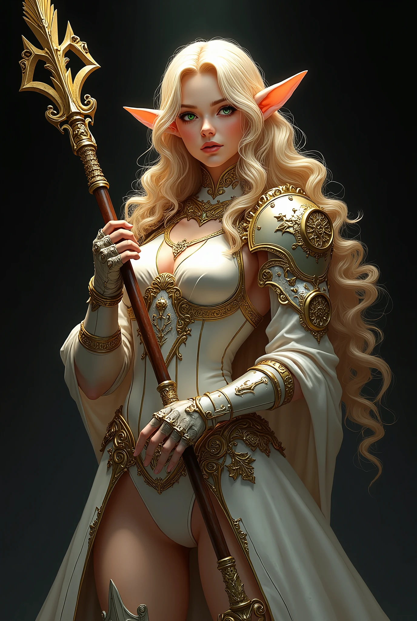 fantasy,(best quality), ((masterpiece)), (high resolution), highly intricate, vivid illustration, extremely detailed, steampunk, 1girl, solo, pointed ears, long, flowing blonde hair, ornate, golden and white armor, holding, worn, fingerless gloves, grasping, ornamental arrow \(projectile\ ), elegant, long, curly hair, gold and white shoulder armor, adorned with gears, green, piercing eyes, against, dark, mysterious black background, subtle, warm lighting, accentuating, delicate, feminine features