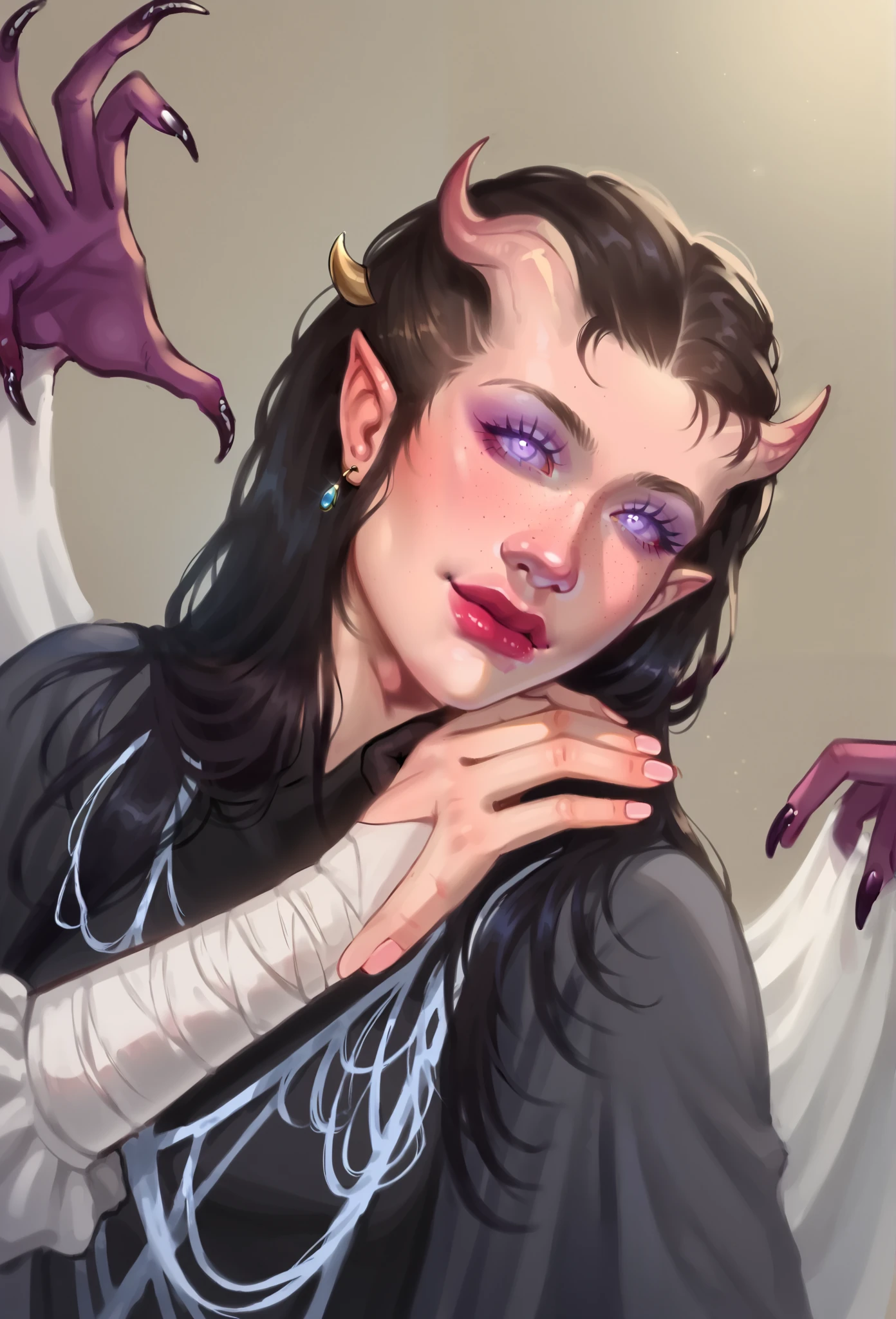 score_9, score_8_above, score_7_above, score_6_above, sw4p, 1girl, gorgeous tiefling woman, glossy olhos, Sensual,  long tiefling horns elegant and perfect, rabo de tiefling com joias,  simple background , 8k,   masterpiece :1.5,  ultra detailed:1.5,  perfect hands, freckles, Half a smile on your face ,  hear shapes around your head 