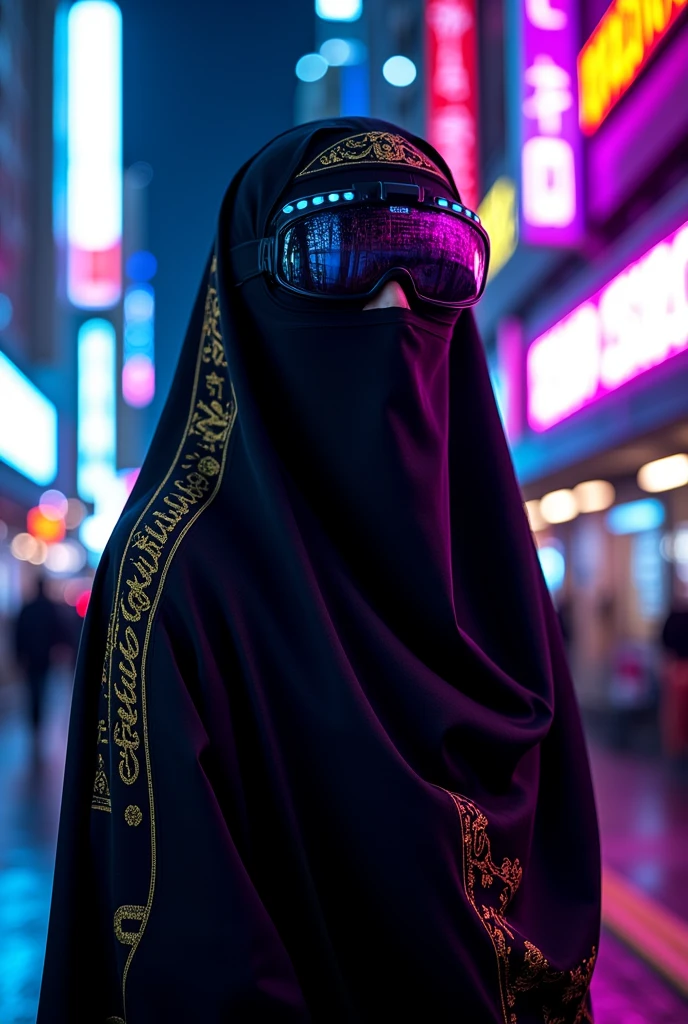 ((masterpiece)) ((photography)) ((Highest quality)) A full-body  photography of a futuristic veiled woman with a black veil adorned with golden runic patterns and Arabic calligraphy. She wears a futuristic visor-helmet that only covers her eyes, featuring soft neon LED lights in blue and purple tones. Her entire body is dressed in elegant, fully covering attire, blending modern and traditional design with intricate details. The background is a cyberpunk cityscape filled with glowing neon signs, holograms, and a vibrant, atmospheric night ambiance.