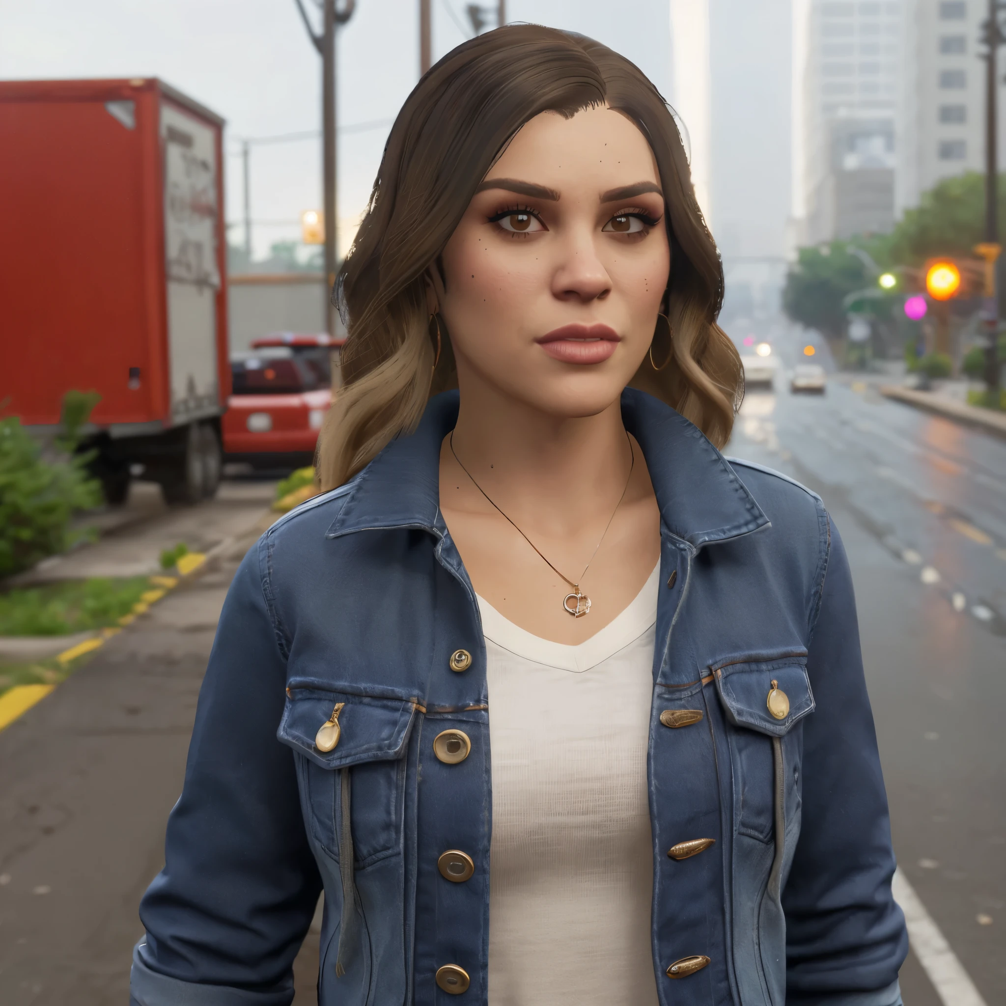 ( rain & blured background, bokeh) (night )LUCIA From GTA 6: Clothing: Casual Urban Style: Lucia might wear clothing that reflects a modern, urban aesthetic, such as fitted jeans or cargo pants paired with stylish tops. Layered Looks: She could be seen in layered outfits, possibly including jackets or hoodies that add to her street-smart appearance. Footwear: Sneakers or combat boots could be part of her wardrobe, emphasizing a practical yet fashionable look. Accessories: Items like caps, sunglasses, or distinctive jewelry might be used to enhance her character and style. Facial Features: Hair: Likely to have a unique hairstyle, possibly long and wavy or styled in a trendy cut that stands out. Makeup: Her makeup could be minimal or bold, depending on her character's personality, with an emphasis on expressive features. Expressions: Expect a range of facial expressions that convey confidence, determination, or attitude, reflecting her role in the game's narrative. Speculated Characteristics of Lucia in GTA 6: Appearance: Hair: Likely to have a distinct hairstyle, possibly long or styled in a unique way. Clothing: She may wear modern, urban outfits that reflect contemporary fashion trends, possibly with a mix of casual and edgy styles. Accessories: Could include items like jewelry, hats, or bags that add to her character design. Personality Traits: Background: Might have a rich backstory that influences her personality, possibly involving elements of crime or a tumultuous past. Attitude: Expected to exhibit traits such as confidence, resilience, and perhaps a rebellious streak. Role in the Game: May serve as a playable character or a key NPC, involved in the storyline that explores themes of crime, loyalty, and survival. Setting: The environment around her could reflect the diverse landscapes and urban settings typical of the GTA series, including vibrant cityscapes or gritty neighborhoods. rain & blured background, bokeh